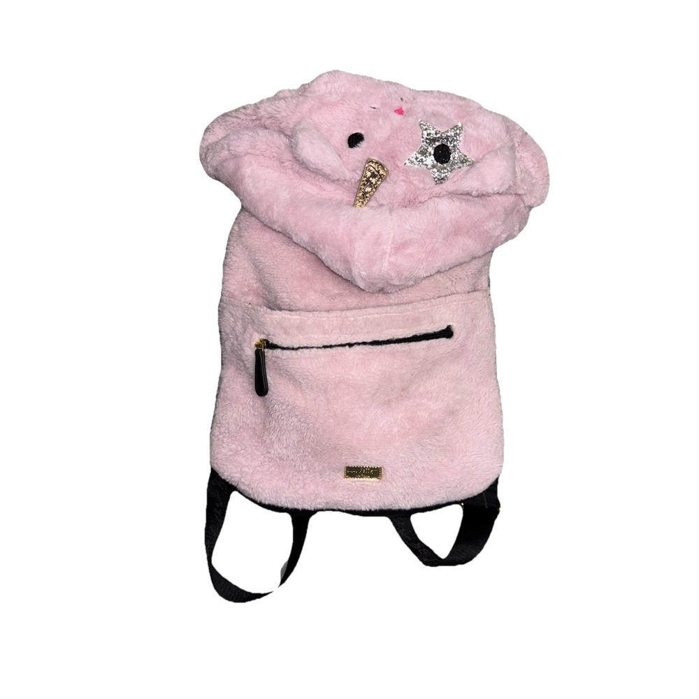 Betsey Johnson Fuzzy Furry‎ Hoodie Backpack bag School Soft Plush Pink Travel